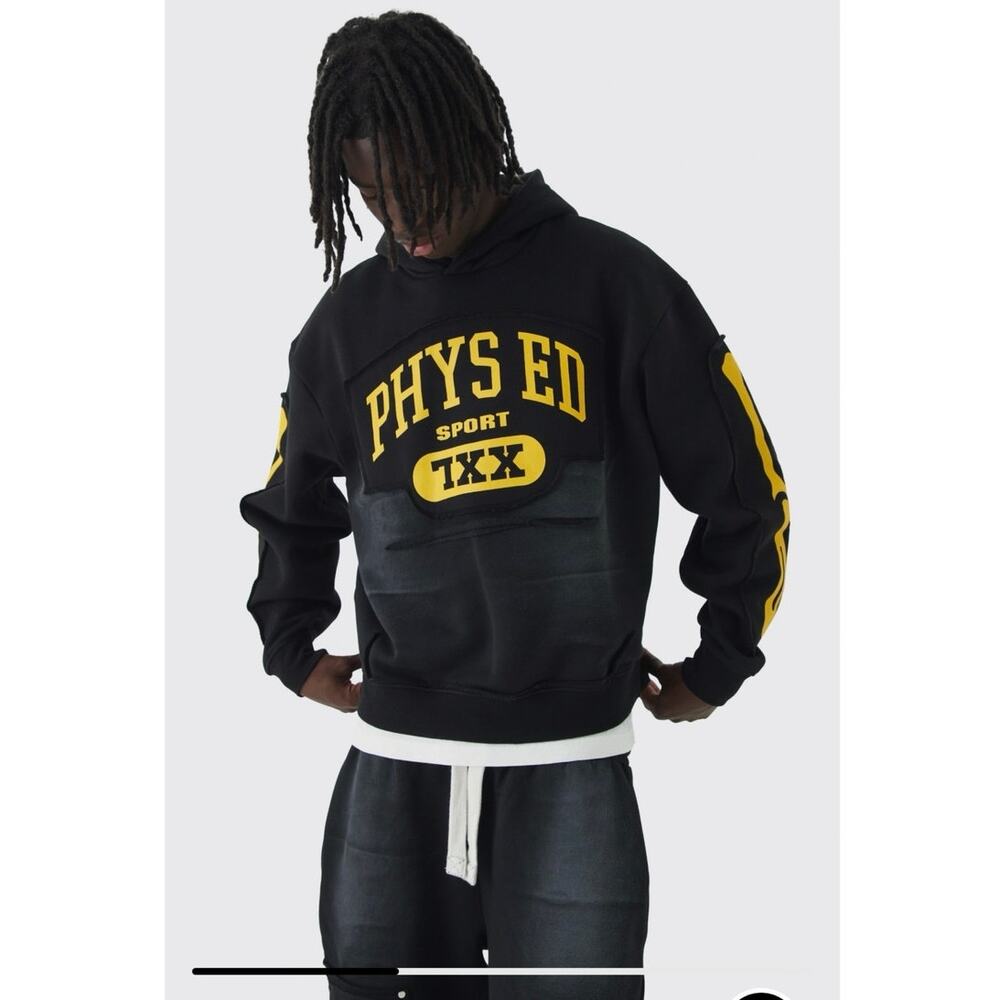 BOOHOO MAN Sz L Oversized Boxy Distressed Graphic Brushback Hoodie